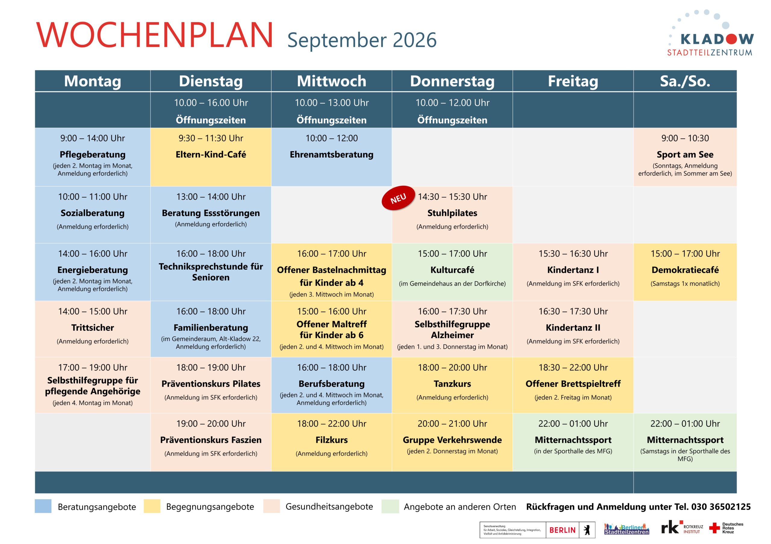 Wochenplan September Stadtteilzentrum Kladow Aktuelles Wochenplan Mai 2026